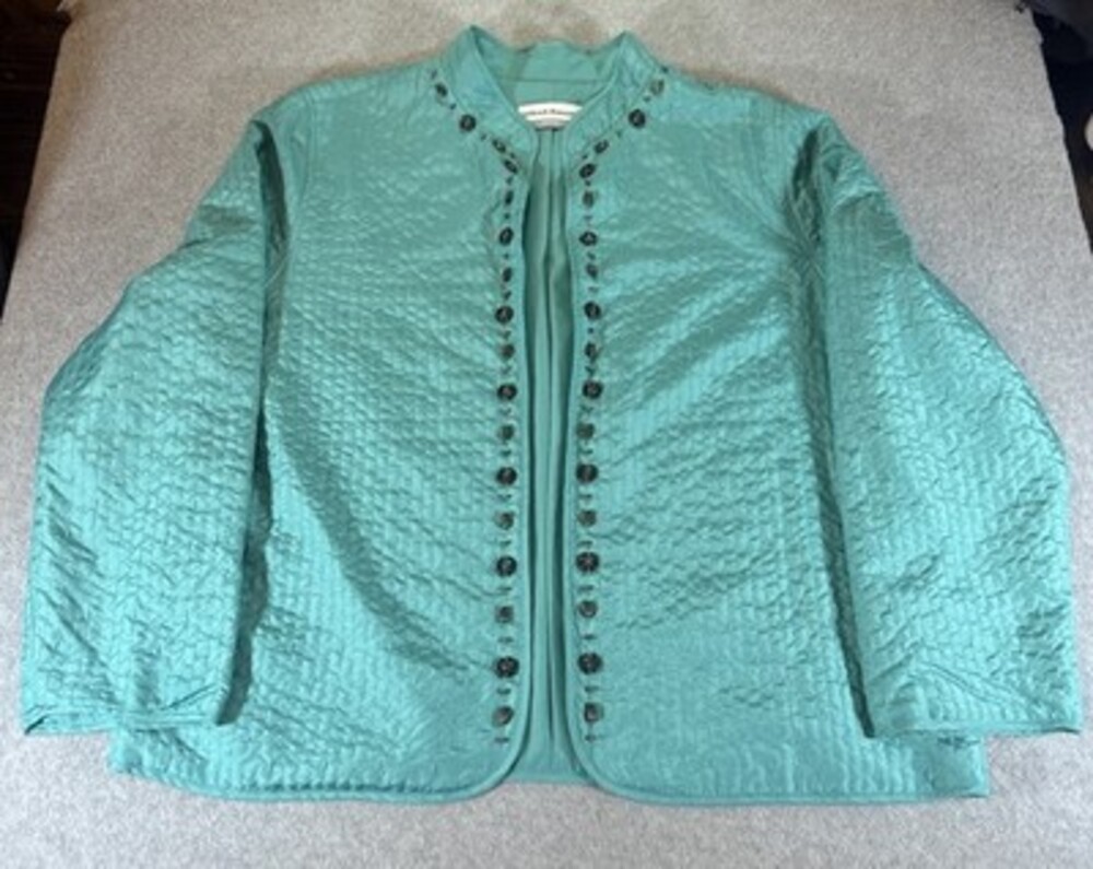 Alfred Dunner Teal Quilted Open Front Jacket Beaded Trim Women's Size 16P